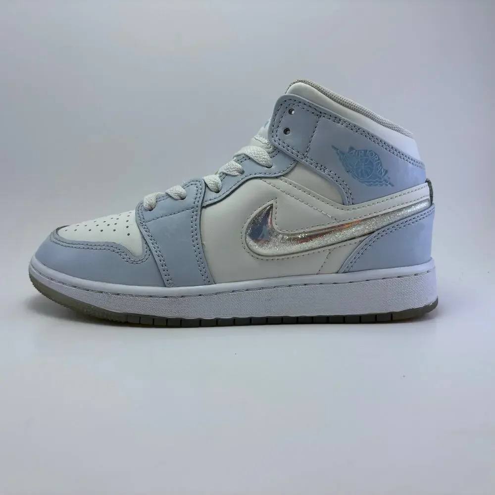 JORDAN 1 Mid SE GS “Glitter Swoosh” Blue Tint Ice Shoes Size Youth Girls 4Y